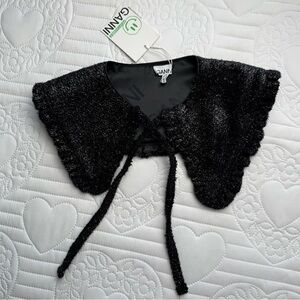 GANNI Black Sparkle Frill Point Ruffle Trim Tie Metallic Knit Collar